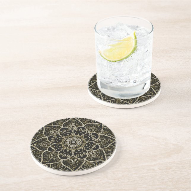 Black Faux Glitter And Gold Floral Mandala Sandstone Coaster (Side)