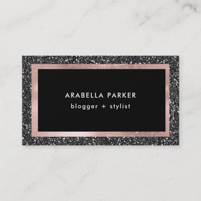 Black Faux Glitter and Rose Gold Business Card (Front)