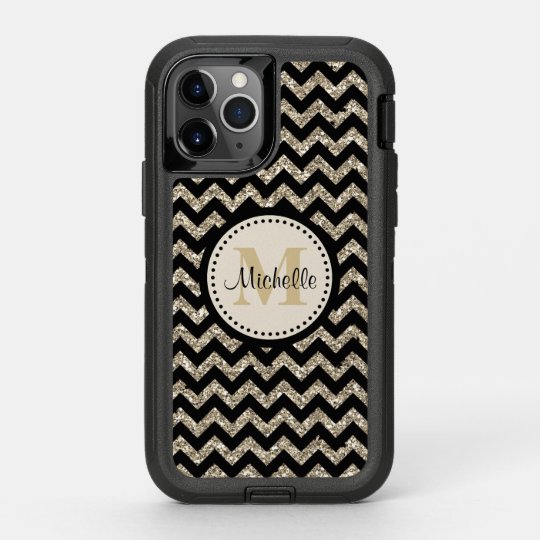 Black Faux Glitter Chevron Gold Monogram OtterBox iPhone Case