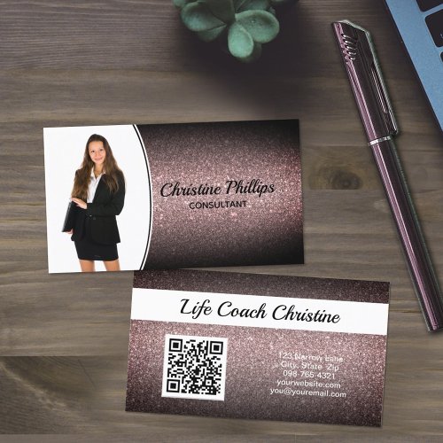 Black Faux Glitter Custom Professional Photo QR Co Business Card