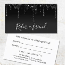 black faux glitter drips on black referral card