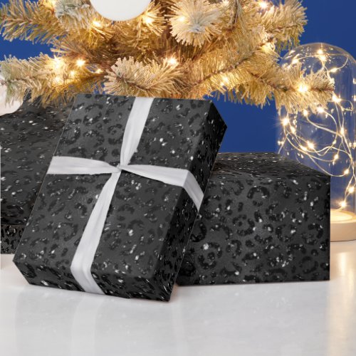Black Faux Glitter Leopard Print Wrapping Paper