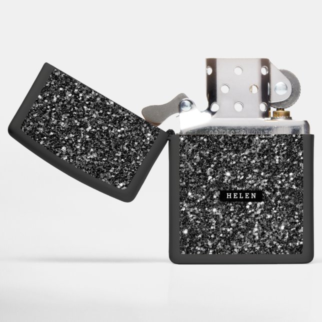 Black Faux Glitter Monogram Zippo Lighter (Opened)
