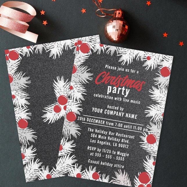 Black Faux Glitter Pine Corporate Christmas Party Invitation (Creator Uploaded)