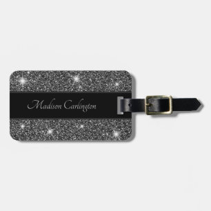 Black Faux Glitter Shimmer Texture Name Luggage Tag