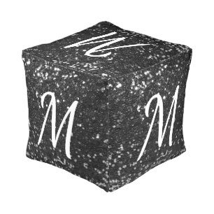 Black Faux Glitter White Custom Initial Pouf