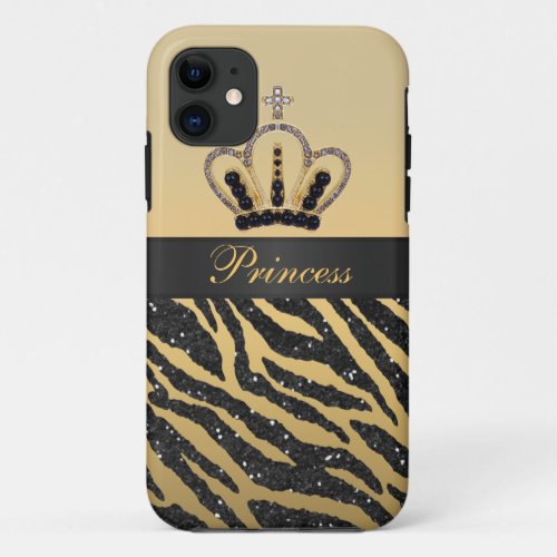 Black Faux Glitter Zebra Print  Jewel Crown iPhone 11 Case