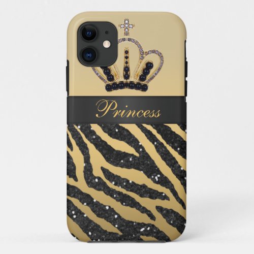 Black Faux Glitter Zebra Print  Jewel Crown iPhone 11 Case