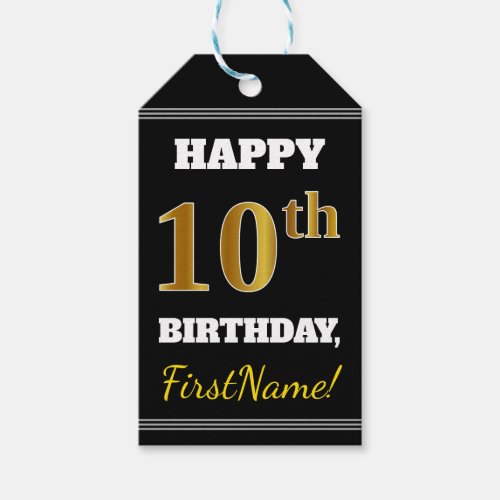 Black Faux Gold 10th Birthday  Custom Name Gift Tags