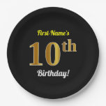 [ Thumbnail: Black, Faux Gold 10th Birthday + Custom Name Paper Plates ]