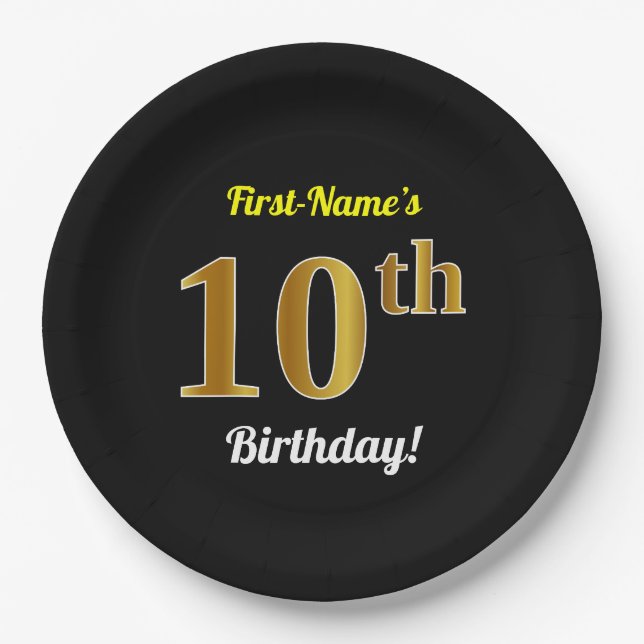 Black, Faux Gold 10th Birthday + Custom Name Paper Plates (Front)
