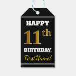 [ Thumbnail: Black, Faux Gold 11th Birthday + Custom Name Gift Tags ]