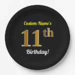 [ Thumbnail: Black, Faux Gold 11th Birthday + Custom Name Paper Plates ]