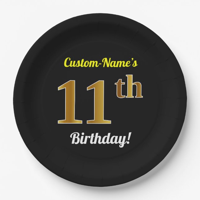 Black, Faux Gold 11th Birthday + Custom Name Paper Plates (Front)