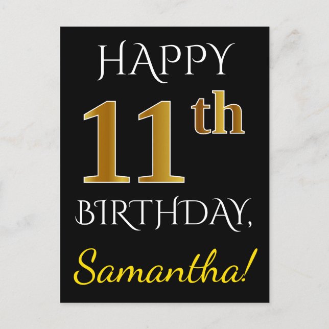 Black, Faux Gold 11th Birthday + Custom Name Postcard (Front)
