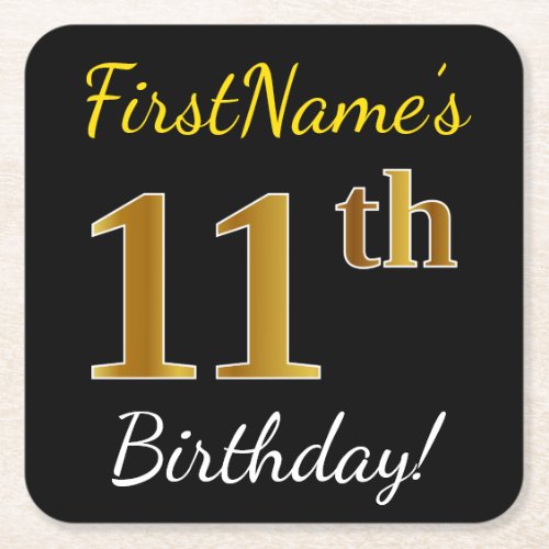 Black Faux Gold 11th Birthday  Custom Name Square Paper Coaster