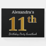 [ Thumbnail: Black, Faux Gold 11th Birthday Party + Custom Name Guest Book ]