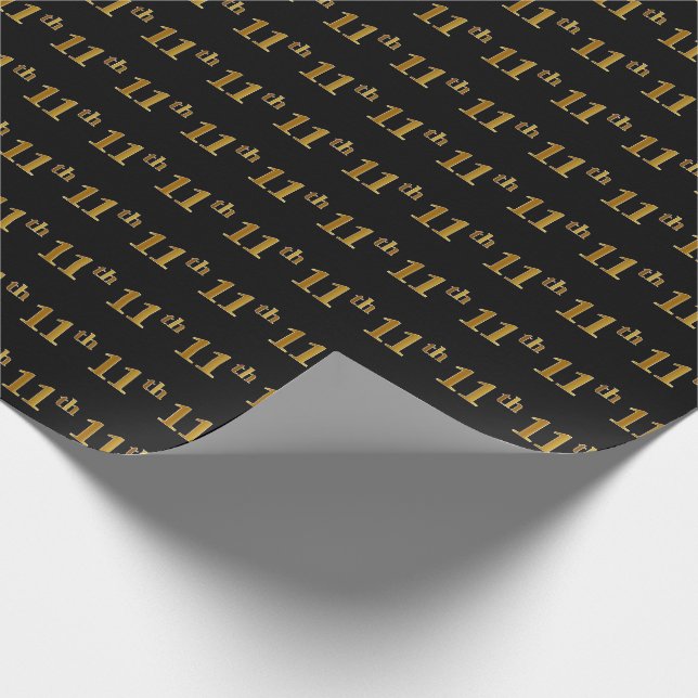 Black, Faux Gold 11th (Eleventh) Event Wrapping Paper (Corner)