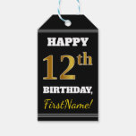 [ Thumbnail: Black, Faux Gold 12th Birthday + Custom Name Gift Tags ]