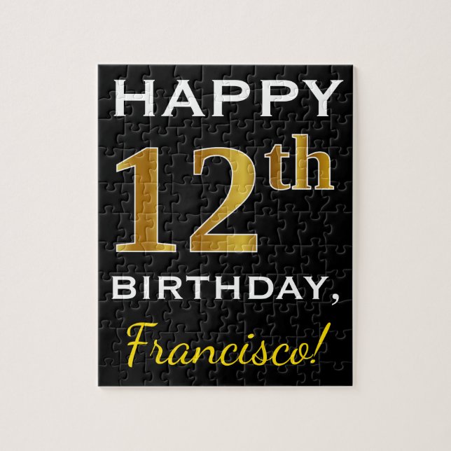 Black, Faux Gold 12th Birthday + Custom Name Jigsaw Puzzle (Vertical)
