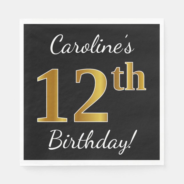 Black, Faux Gold 12th Birthday + Custom Name Napkins (Front)
