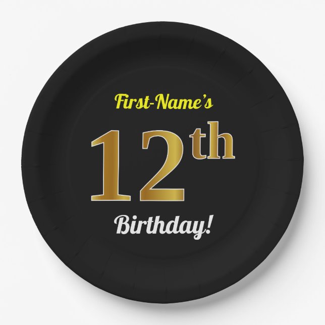 Black, Faux Gold 12th Birthday + Custom Name Paper Plates (Front)