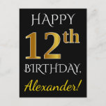 [ Thumbnail: Black, Faux Gold 12th Birthday + Custom Name Postcard ]
