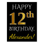 [ Thumbnail: Black, Faux Gold 12th Birthday + Custom Name Postcard ]