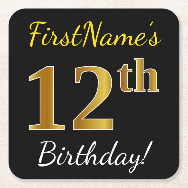 Black, Faux Gold 12th Birthday + Custom Name Square Paper Coaster (Front)