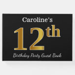 [ Thumbnail: Black, Faux Gold 12th Birthday Party + Custom Name Guest Book ]