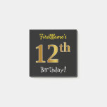 [ Thumbnail: Black, Faux Gold 12th Birthday, With Custom Name Notes ]