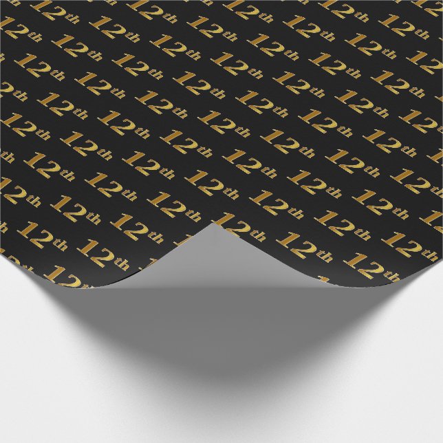 Black, Faux Gold 12th (Twelfth) Event Wrapping Paper (Corner)