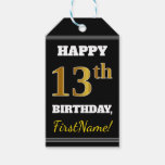[ Thumbnail: Black, Faux Gold 13th Birthday + Custom Name Gift Tags ]