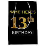 [ Thumbnail: Black, Faux Gold 13th Birthday + Custom Name Gift Bag ]