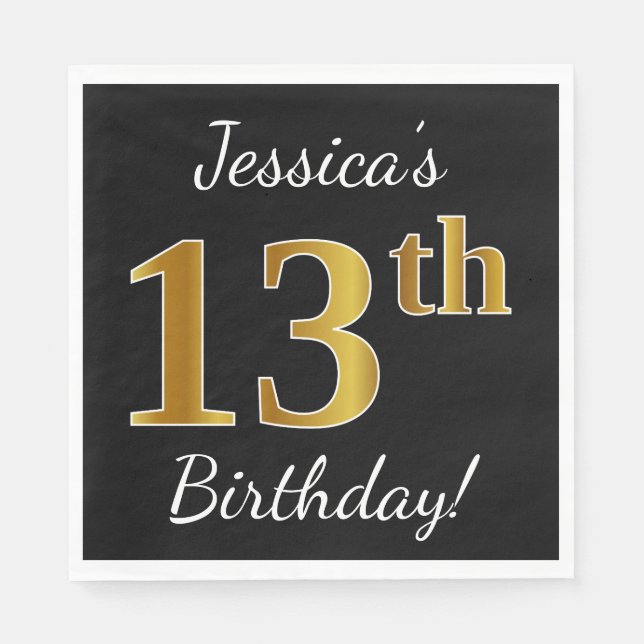 Black, Faux Gold 13th Birthday + Custom Name Napkins (Front)