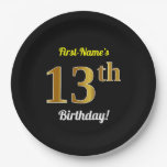 [ Thumbnail: Black, Faux Gold 13th Birthday + Custom Name Paper Plates ]