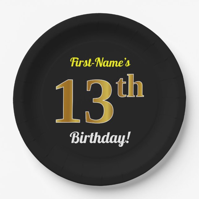 Black, Faux Gold 13th Birthday + Custom Name Paper Plates (Front)