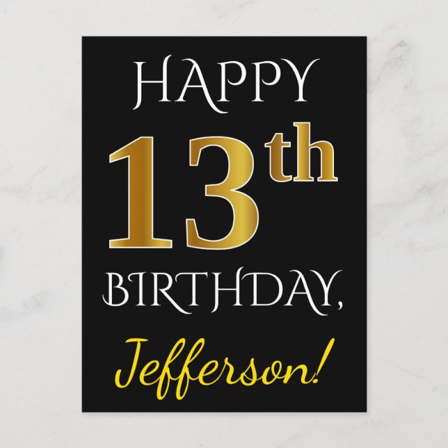 Black, Faux Gold 13th Birthday + Custom Name Postcard (Front)