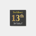 [ Thumbnail: Black, Faux Gold 13th Birthday, With Custom Name Notes ]