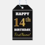 [ Thumbnail: Black, Faux Gold 14th Birthday + Custom Name Gift Tags ]