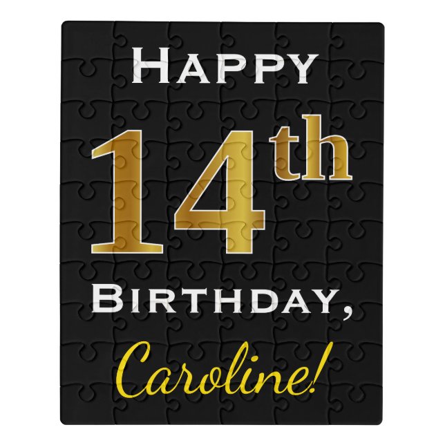 Black, Faux Gold 14th Birthday + Custom Name Jigsaw Puzzle (Puzzle Vertical)
