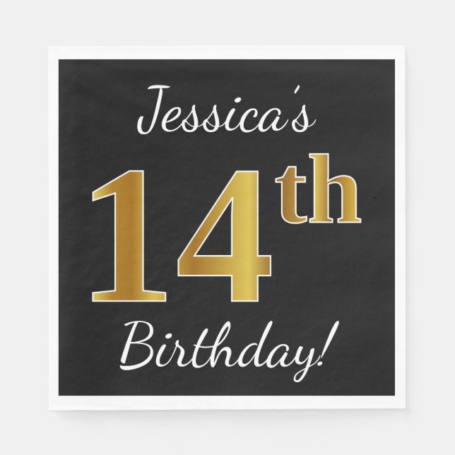 Black, Faux Gold 14th Birthday + Custom Name Paper Napkins (Front)