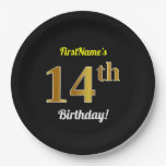 [ Thumbnail: Black, Faux Gold 14th Birthday + Custom Name Paper Plates ]