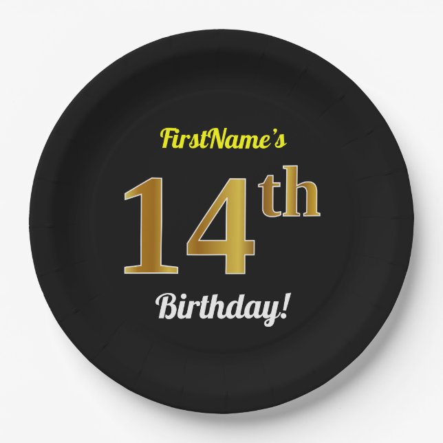 Black, Faux Gold 14th Birthday + Custom Name Paper Plates (Front)