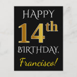 [ Thumbnail: Black, Faux Gold 14th Birthday + Custom Name Postcard ]