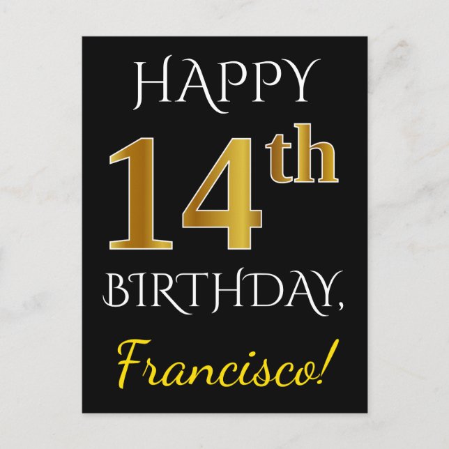 Black, Faux Gold 14th Birthday + Custom Name Postcard (Front)