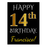 [ Thumbnail: Black, Faux Gold 14th Birthday + Custom Name Postcard ]