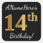 [ Thumbnail: Black, Faux Gold 14th Birthday + Custom Name Sticker ]