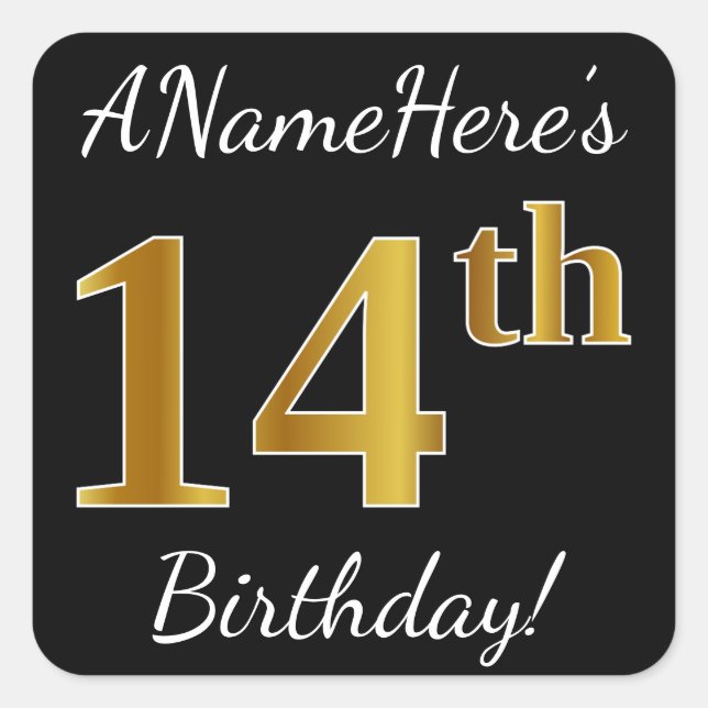 Black, Faux Gold 14th Birthday + Custom Name Square Sticker (Front)