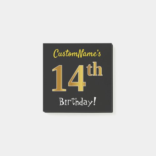 Black Faux Gold 14th Birthday With Custom Name Post_it Notes